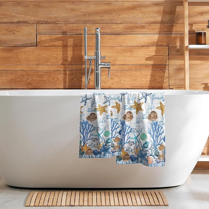 Imiss Coral Starfish Hand Towels for Bathroom，Nautical Coastal Seashell Guest Towels 14.4 x 28.3 Inch Set of 2 Soft Small Bath Towel Kitchen Dish Towels for Home Hotel Gym Spa