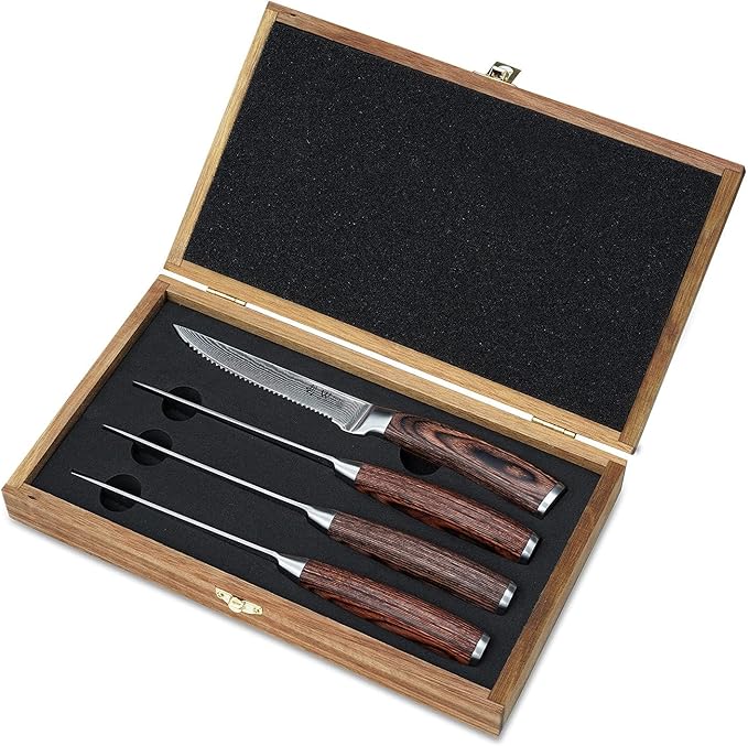 Wakoli EDIB 4-Piece Damascus Steak Knife Set – Professional Dining Kitchen Knives with VG10 Core Blades, 67-Layer Damascus Steel & Ergonomic Pakkawood Handles – Premium Steak Cutlery in Gift Box
