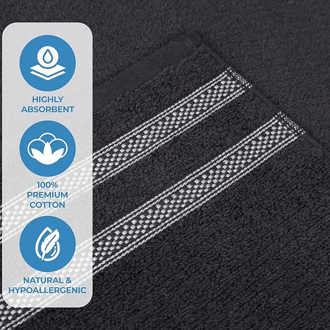 Superior Cotton Bath Towel Set, Zero Twist, Ribbed Geometric,Large Plush Absorbent Body Towels, Luxury Soft Quick Dry, Shower, Spa, Hotel, Pool, Guest Bathroom, Home Essentials, Set of 3, Black
