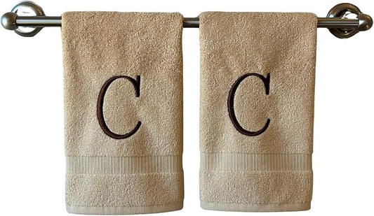 Beige Initial Hand Towel for Bathroom - Monogrammed Luxury Hotel Quality Decorative Embroidered Towel for Powder Room, Spa - GOTS Organic Certified - Set of 2 Brown Letter C