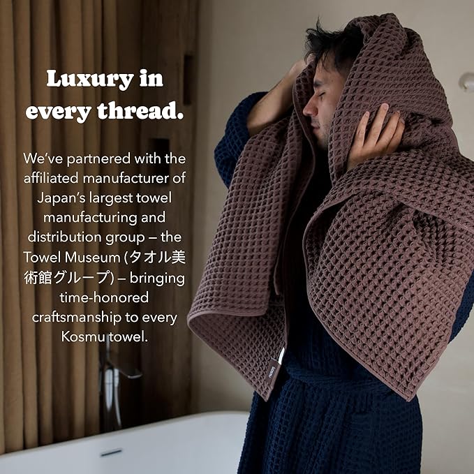 Luxury Organic Japanese Cotton Waffle Bath Towel | Thick, Absorbent, Quick Dry Bathroom Towels for Shower, Sauna, Onsen| Hotel & Spa Quality, Gift-Ready (Dark Cocoa, Bath Towel, 55" x 34")