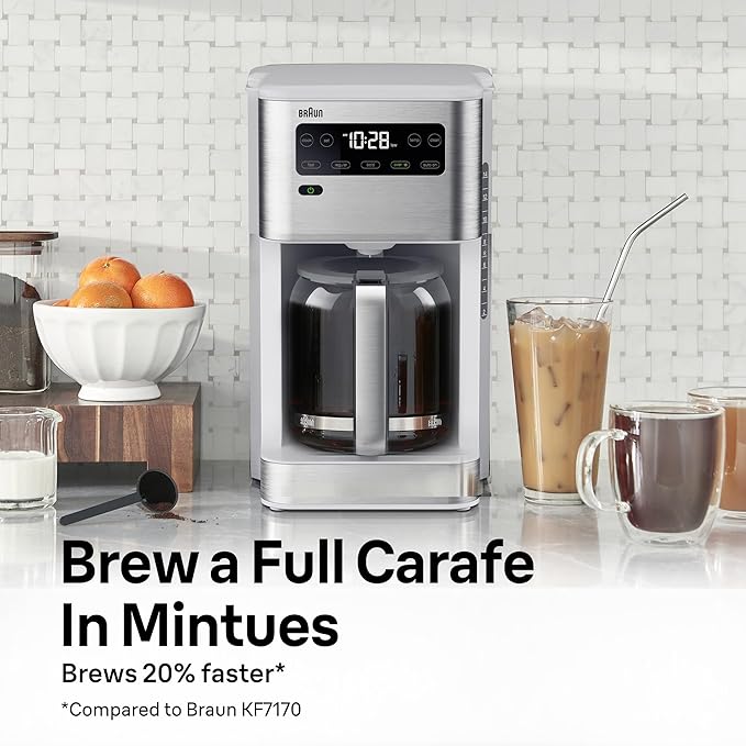 Braun PureFlavor 14‑Cup Programmable Coffee Maker – Fast Brew Speed, Touch Display, Bold & Brew‑Over‑Ice Modes, FlavorCarafe & Adjustable Warm Plate, White