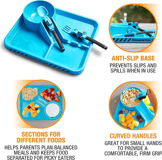 Dinneractive 3-Piece Construction Themed Toddler Utensils & Plates - Toddler Forks, Spoons & Divided Plates - Blue, Vehicle Pattern