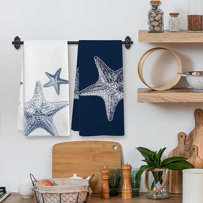 Coastal Starfish Beach Decor Dish Hand Tea Towels for Bathroom Kitchen, Blue Starfish Ocean Nautical Beachy Bathroom Decor, Coastal Nautical Kitchen Towels and Dishcloths Sets of 2, 16x24Inch