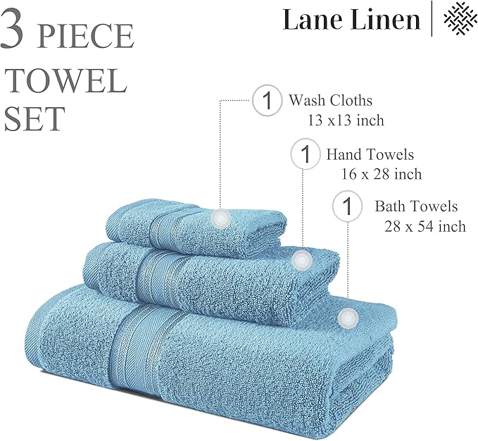 LANE LINEN Luxury Bath Towels Set - 3 Piece 100% Cotton Bathroom Towels, Quick Dry, Extra Aborbent, Super Soft Towels Set 1 Hand Towel, 1 Wash Cloths, 1 Bath Towel, Blue