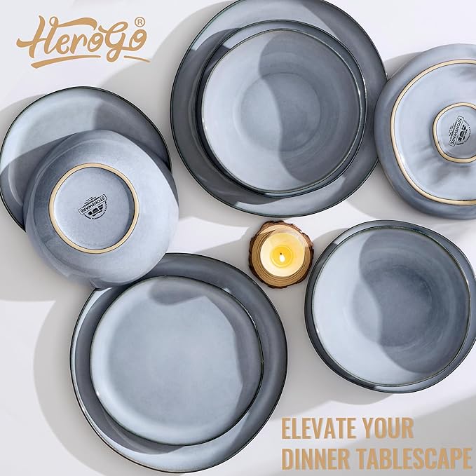 Herogo Plates and Bowls Dinnerware Sets, 12 Piece Stoneware Dinner Dishes Set for 4, Irregular Handmade Dishware Tableware, Crack and Scratch Resistant, Reactive Glaze, Smoky Blue