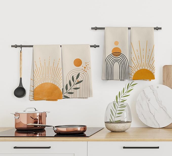 Boho Abstract Orange Sunshine Kitchen Towels and Dishcloths Set of 4, Boho Mid Century Modern Abstract Minimalist Sunshine Drying Cloth Hand Dish Tea Towels for Bathroom Kitchen, 16x24 Inches