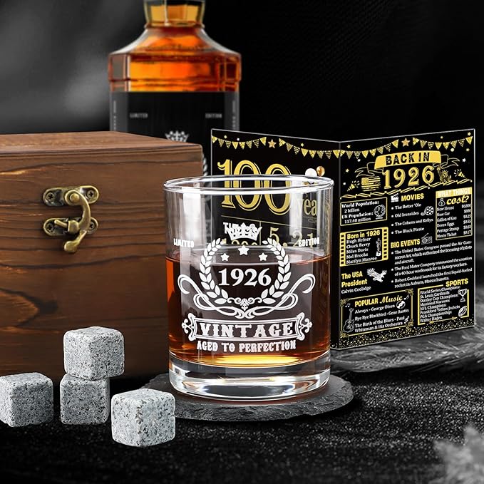 YeohJoy 100th Birthday Gifts for Men,Vintage 1926 Whiskey Glass Set,Wood Box & Whiskey Stones & 1926 Poster Anniversary Card & Coaster,Birthday Gifts Ideas for Him,Husband,Dad