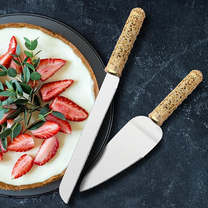 Gold Cake Knife and Server Set - 2 Piece Dessert Set Metal Handle with Crystal Stones Decoration for Wedding, Anniversary Party Birthday Banquets and Gifts for Bride and Groom