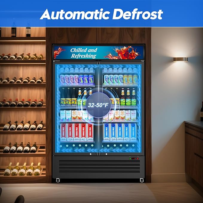 Commercial Beverage Refrigerator with 2 Glass Door, 383L Display Fridge Beverage Cooler with Customizable Lightbox Adjustable Shelves, Drink Fridge Merchandiser for Restaurant Shop, Black