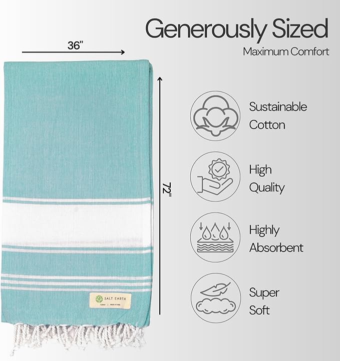 Salt Earth Cotton Turkish Beach Towel, Set of 4-36" X72" Large Bath Towels, Quick Dry Towel, Bathroom, Beach Essentials, Gym, Quick Dry for Shower, Lightweight Large Towels for All (Hunter Green)