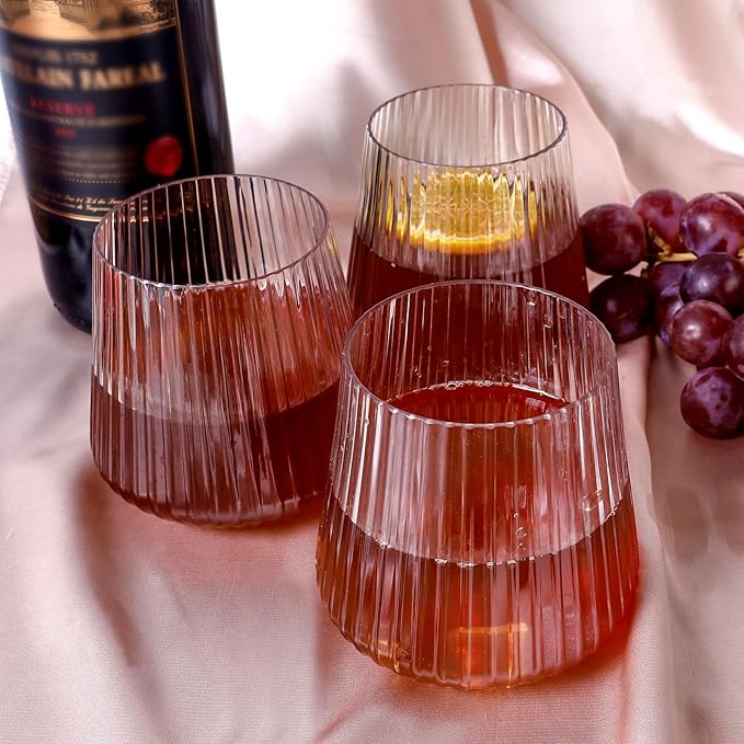 20 Pack Plastic Ribbed Wine Glasses, 14Oz Origami Disposable Wine Glasses Unbreakable Clear Plastic Cocktail Glasses Recyclable Shatterproof Reusable Wine Cups (14oz-20pack)