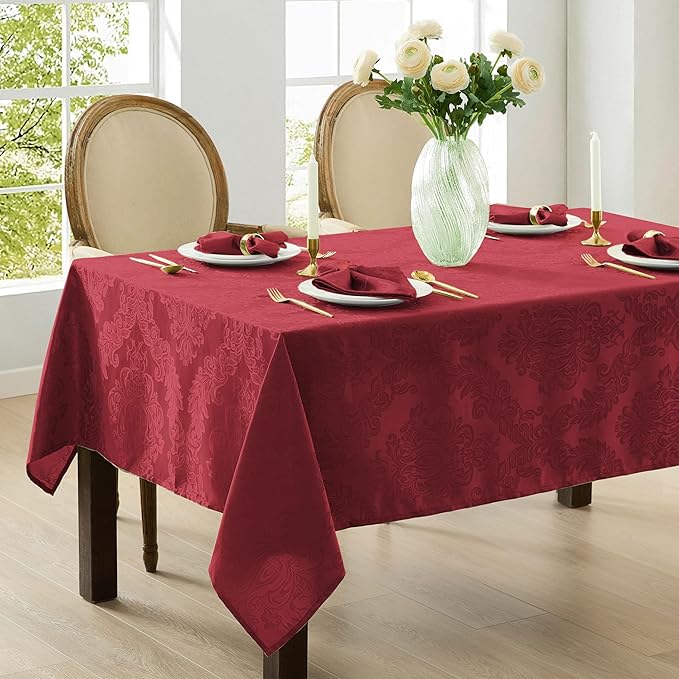 Newbridge Christmas Barcelona Damask Fabric Tablecloth, 52 x 52 Inch Square, Burgundy – No Iron, Soil Resistant Table Cover for Dining, Parties and Holidays