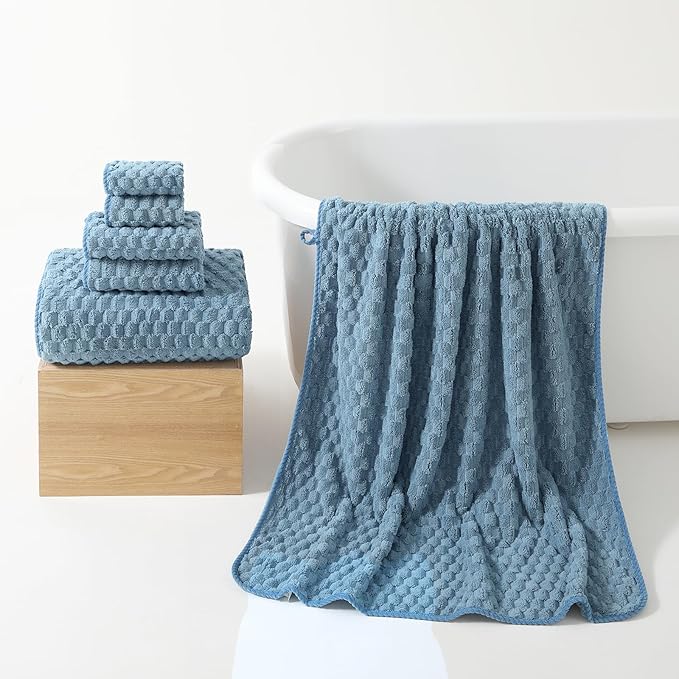 REDKISS Blue Microfiber Bath Towels Set of 6-35x70 Inches Oversized Bath Sheets, Extra Large Bath Towels Set of 6 for Adults, Super Soft Waffle Microfiber Shower Towels for Bathroom Hotel Towel
