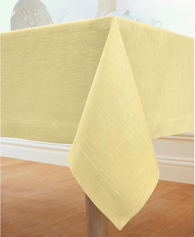 Solino Home Linen Tablecloth 60 x 90 Inch - 100% Pure Linen Chambray Yellow Table Cloth for Rectangular Tables - Athena, Machine Washable Cloth Tablecloth