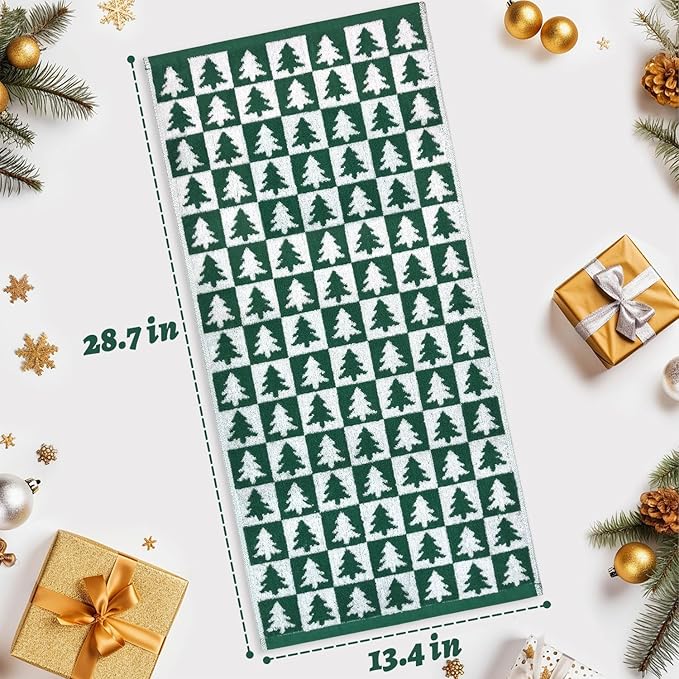 Jacquotha Christmas Hand Towels Set - 4-Piece Green Checkered & Tree Towels for Bathroom Kitchen Decor, Holiday Winter Cheer, Cotton, 13” x 29”