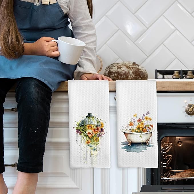 Botanical Bathroom Towels Set of 2, Floral Bathroom Cottagecore Hand Towel, Flower Bathtub Shower Room Washroom Restroom Decorative Tea Towel Dish Towels 16x24 Inch