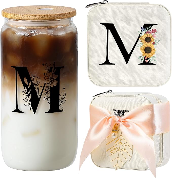 AYGXU teen girl gifts trendy stuff,Jewelry Box Organizer,Travel Initial Jewelry Box for Girls,16oz glass cups with bamboo lids,aesthetic glass cup,Travel Essentials,Initial M white