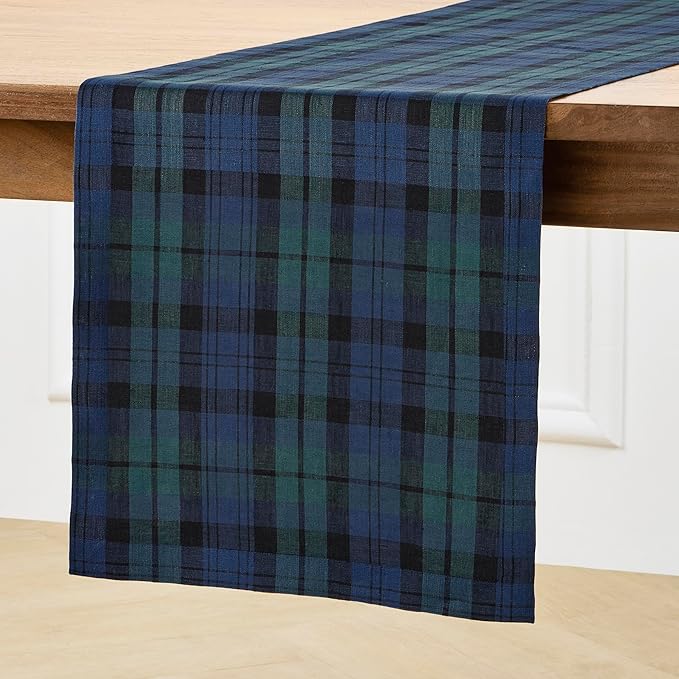 Solino Home Linen Blackwatch Table Runner 144 Inches Long - 100% Pure Linen Blue and Green Plaid Table Runner 14 x 144 Inch for Dining, Holiday, New Year