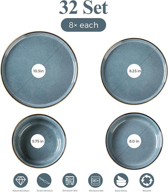 GBHOME 32 Pieces Double Bowls Ceramic Dinnerware Sets for 8, Stoneware Plates and Bowls Set with Reactive Glaze, Scratch Resistant Stoneware Dishes Set, Dishwasher & Microwave Safe