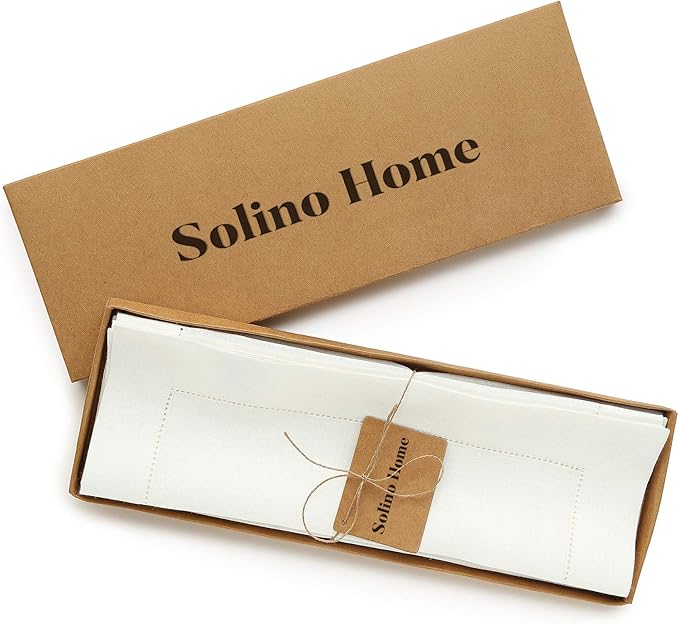 Solino Home Linen Cloth Placemats Set of 6-100% Pure Linen Hemstitch Ivory Placemats 14 x 19 Inch - Classic Hemstitch Table Place Mats for Holiday, New Year