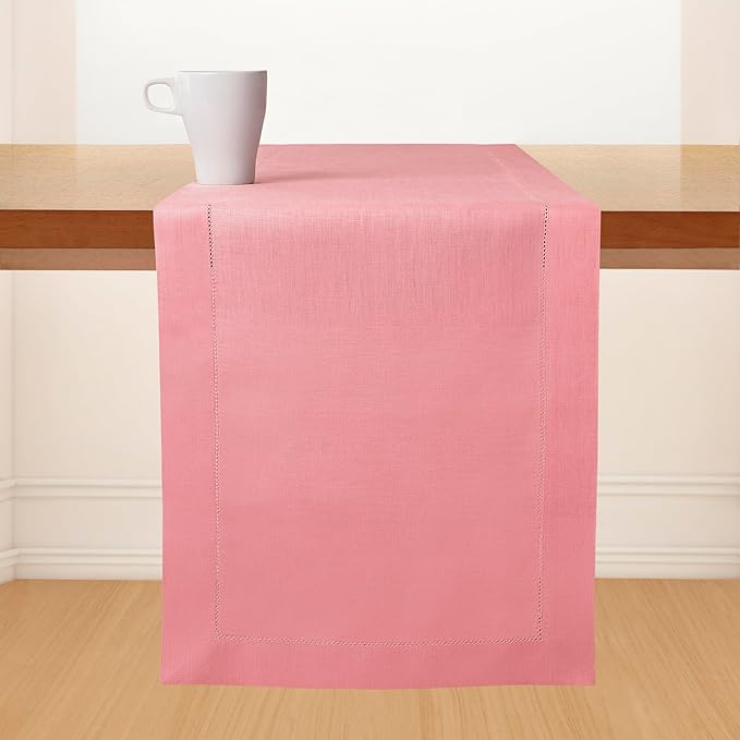 D'Moksha Homes Linen Dusty Pink Table Runner 120 Inches Long - 100% Pure Linen Hemstitch 14 x 120 Inch Table Runner for Dining, Winter, Christmas, Holiday, New Year - Classic Hemstitch
