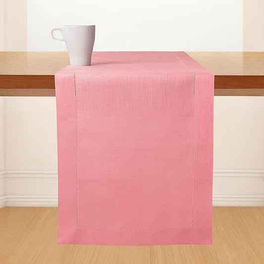 D'Moksha Homes Linen Dusty Pink Table Runner 84 Inches Long - 100% Pure Linen Table Runner 14 x 84 Inch for Winter, Holiday, New Year - Classic Hemstitch