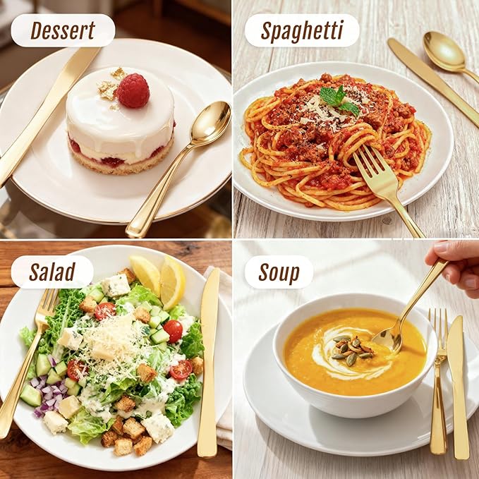 WDF 160 Piece Gold Plastic Silverware - Heavy Duty Gold Silverware Includes 80 Forks, 40 Spoons, 40 Knives, Plastic Utensils Perfect for Wedding, Christmas Party