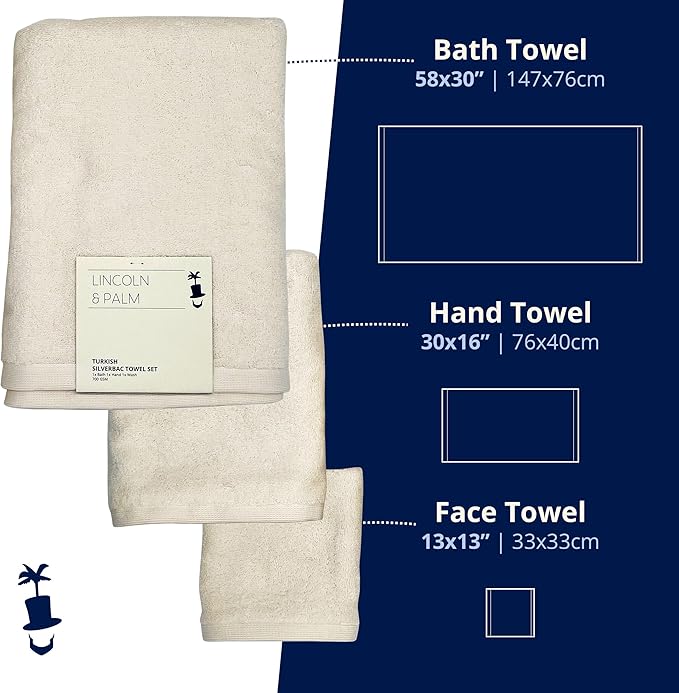 Lincoln & Palm 3 Piece Turkish Towels Set, Thick, Soft, Plush 700 GSM Spa & Hotel Quality, Silver Infused SILVERbac | Bath 58x30, Hand 30x16, Face Wash Cloth 13x13 (3 Piece Towel Set, Ivory)