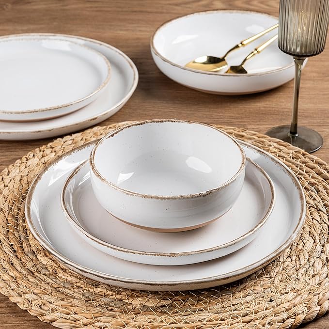 AmorArc Ceramic Dinnerware Sets with Pasta Bowls for 8, Handpainted Plates and Bowls Set with Rustic Terracotta Underside, Scratch Resistant Dishes Set, Dishwasher & Microwave Safe, 32 Pcs-White