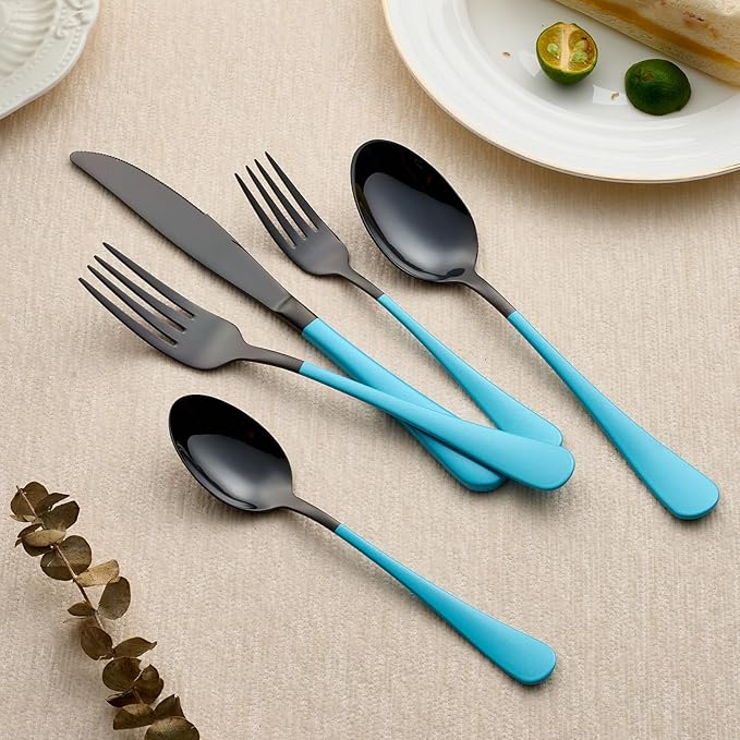 20-Piece Black and Lake Blue Silverware Set 18/0 Stainless Steel Silverware Set Lake Blue Handle Cutlery Set Service for 4 Dinner Knives Forks Spoons Set Flatware Set Finish Dishwasher Safe