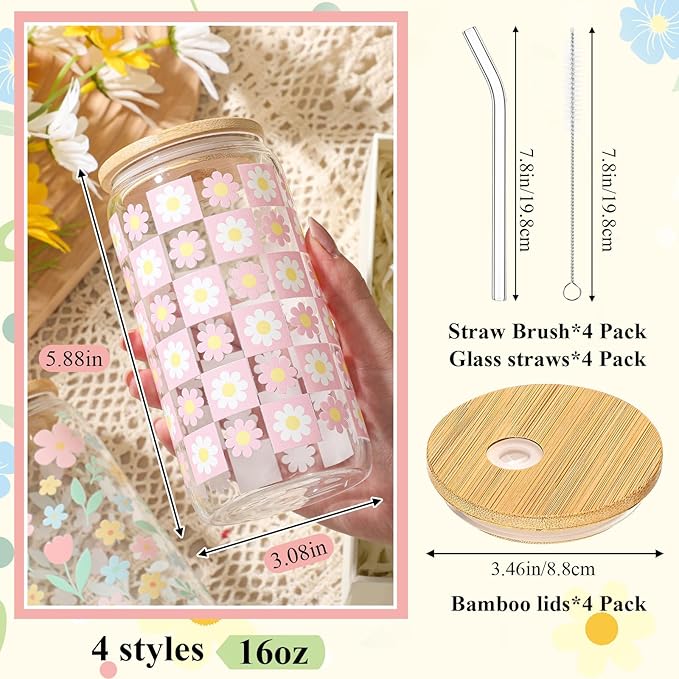 Mumufy Gift for Women Cute Glass Cup Tumbler Flower Iced Coffee Mugs 16 oz Glass with Bamboo Lid & Straw, Mothers Day Birthday Gift for Mom Sister Bridesmaid Baby Shower(4 Pack, Pastel Flower)