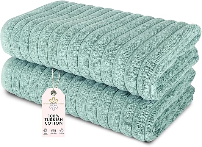 Classic Turkish Towels CTT - Premium 2 Piece Jumbo Bath Sheets, 100% Turkish Cotton, Absorbent & Ultra Comfy Bath Towel Sheets for Hotels & Spa | 40"x65" (Spa Green)