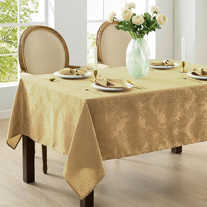 Newbridge Christmas Barcelona Damask Fabric Tablecloth, 52 x 70 Inch Rectangle, Gold – No Iron, Soil Resistant Table Cover for Dining, Parties and Holidays
