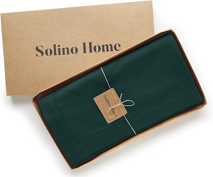 Solino Home Cotton Linen Tablecloth 58 x 144 Inch - Hemstitch Dark Green Table Cloth for Rectangle Tables - Machine Washable Tablecloth for Winter, New Year