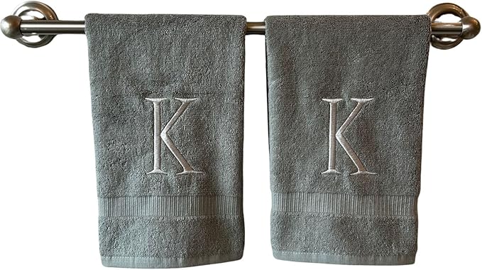 Gray Initial Hand Towel for Bathroom - Monogrammed Luxury Hotel Quality Decorative Embroidered Towel for Powder Room, Spa - GOTS Organic Certified - Set of 2 Silver Letter K