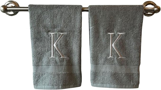 Gray Initial Hand Towel for Bathroom - Monogrammed Luxury Hotel Quality Decorative Embroidered Towel for Powder Room, Spa - GOTS Organic Certified - Set of 2 Silver Letter K