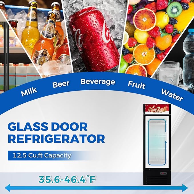 Commercial Refrigerator Beverage Cooler, 12.5 Cu.Ft Display Refrigerator with Glass Door, Drink Fridge with Led Light, 4 Adjustable Shelves, Merchandiser Refrigerator for Beer, Bar, Shop