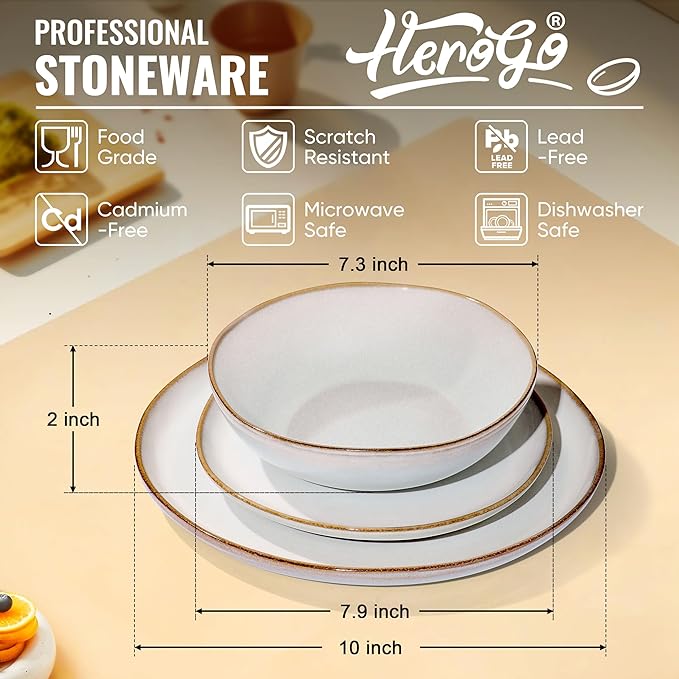 Herogo Stoneware Dinnerware Sets, 12 Piece Dinner Dishes Set for 4, Ceramic Plates and Bowls Dishware, Tableware Includes Dinner Salad Plates, Soup Bowls, Microwave & Dishwasher Safe, Pearl White