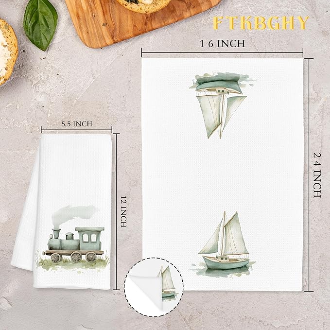 Sage Green Sailboat Steam Train Decorative Hand Towels Gifts, Kids Boys Bathroom Decor, Watercolor Transportation Decorative Dish Hand Tea Towels for Bathroom Kitchen, 16x24 Inch Set of 2