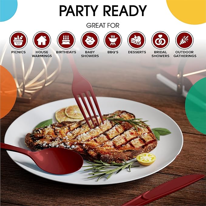 Party Solids Burgundy Plastic Spoons 200 Pcs Burgundy Spoons Disposable Utensils Heavy Duty Plastic Cutlery Set Disposable Cutlery Sets Flatware Sets Silverware Set Party Supplies & Party Tableware