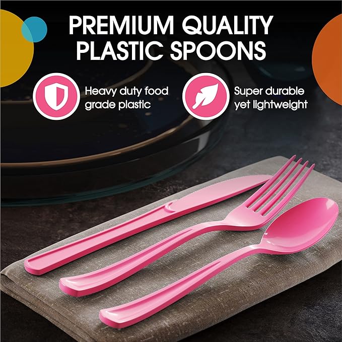 Party Solids Disposable Hot Pink Plastic Spoons 200 Pcs - Heavy Duty Hot Pink Plastic Disposable Cutlery