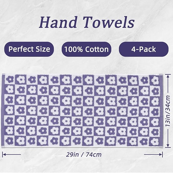 Jacquotha Cotton Hand Towels Lilac Checkered Floral - Quick Drying Hand Towel Set of 4, for Women Girls Bathroom Decor, 29” x 13”