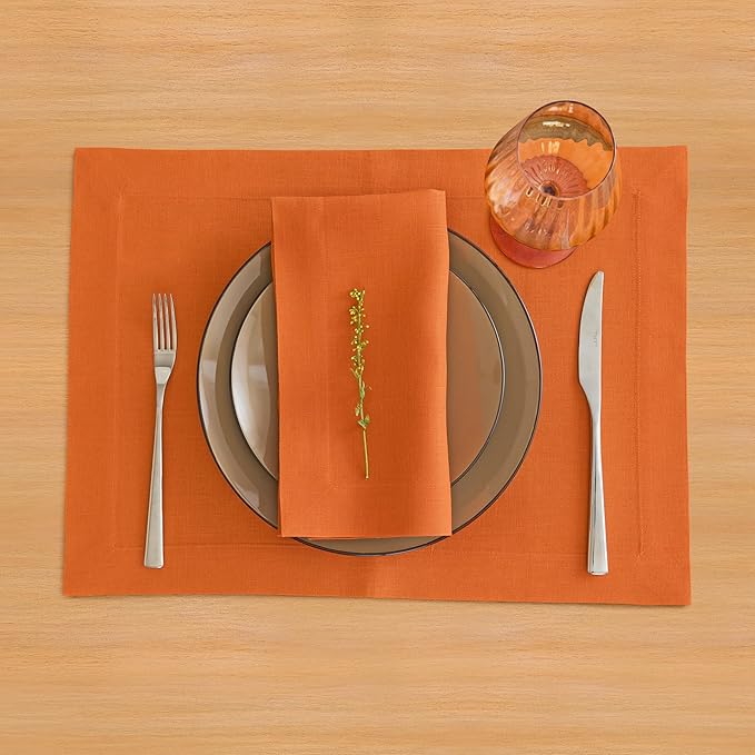 Solino Home Linen Placemats Set of 4 - Persimmon Orange Placemats 14 x 19 Inch - 100% Pure Linen Table Place Mats for New Year - Fete