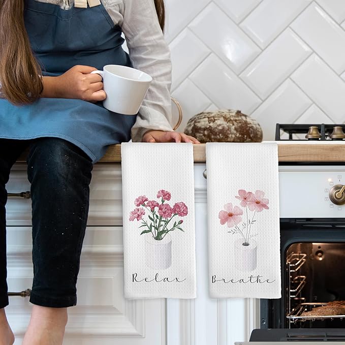 Pink Floral Bathroom Hand Towels, Cottagecore Botanical Roll Paper Hand Towel for Bathroom Decor, Relax Breath Pink Flower Decorative Towels for Washroom Toilet 16x24 Inch Set of 2