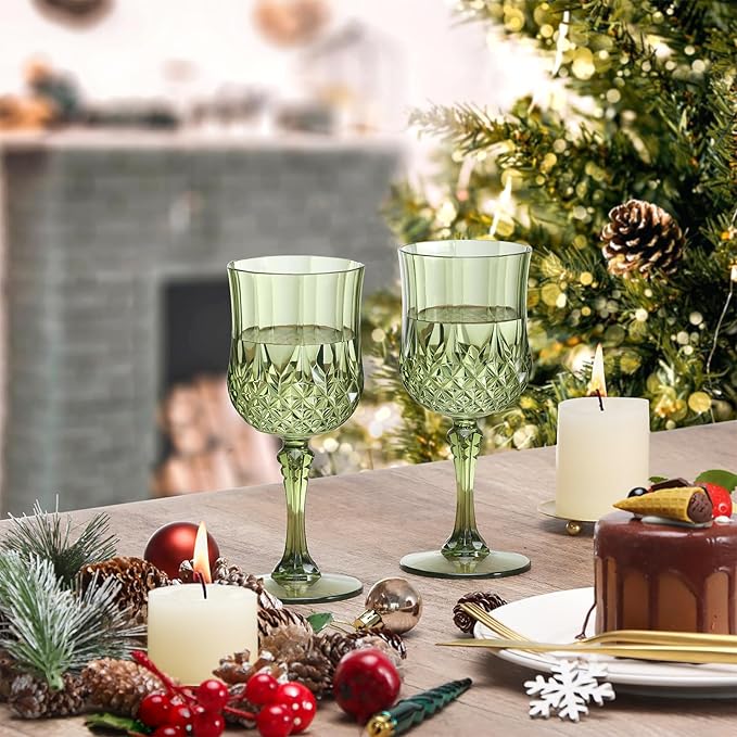 XUWAIDSGN 7oz Plastic Vintage Wine Glasses Drinking Glasses Unbreakable Wedding Glassware Crystal Water Goblets Reusable Drinkware Vintage Champagne Flutes (100, Dark Green)