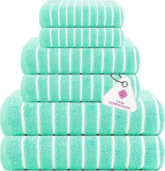 CASA COPENHAGEN Ecstatic 6 Pieces Towel Set- Aqua Blue, 600 GSM 2 Bath Towel 2 Hand Towel 2 Washcloth, Designed in Denmark Made of Soft Egyptian Cotton for Bathroom, Kitchen & Shower