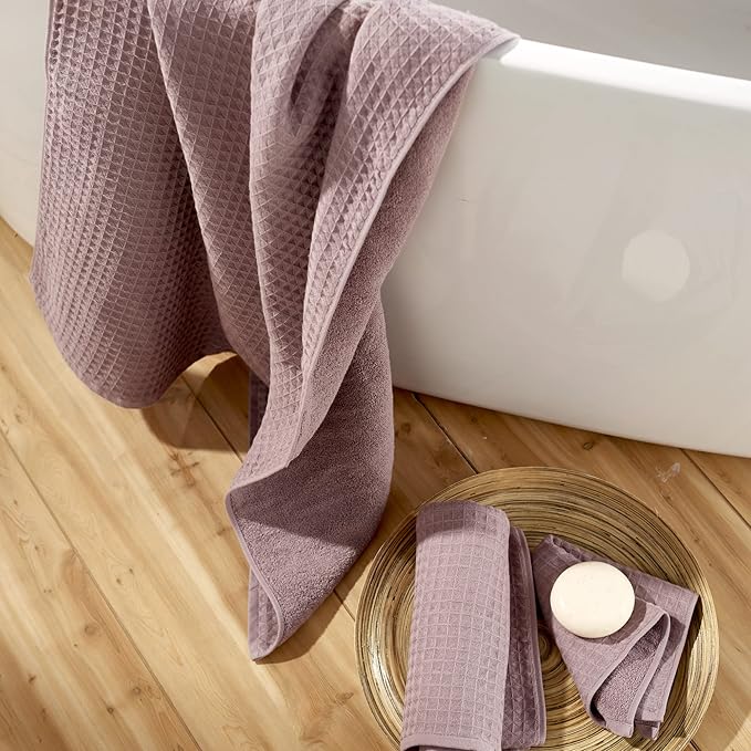 UCHINO Waffle Twist Cotton Weave Towel Set for Bathroom – 2 Bath, 2 Hand, 2 Washcloths, Lightweight Absorbent Quick Dry Honeycomb Texture Solid Terry Loop Reverse, 6 Piece, Orchid