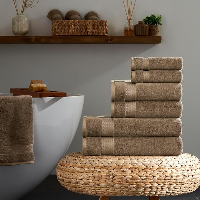 Ozdilek 6-Piece Bath Towel Set, 2 Bath, 2 Hand, 2 Wash, 100% Cotton Turkish Towels, 2 Bath Towels (30x60/550 GSM), 2 Hand Towels (16x30/575 GSM), 2 Washcloths (13x13/600 GSM) (Light Brown)