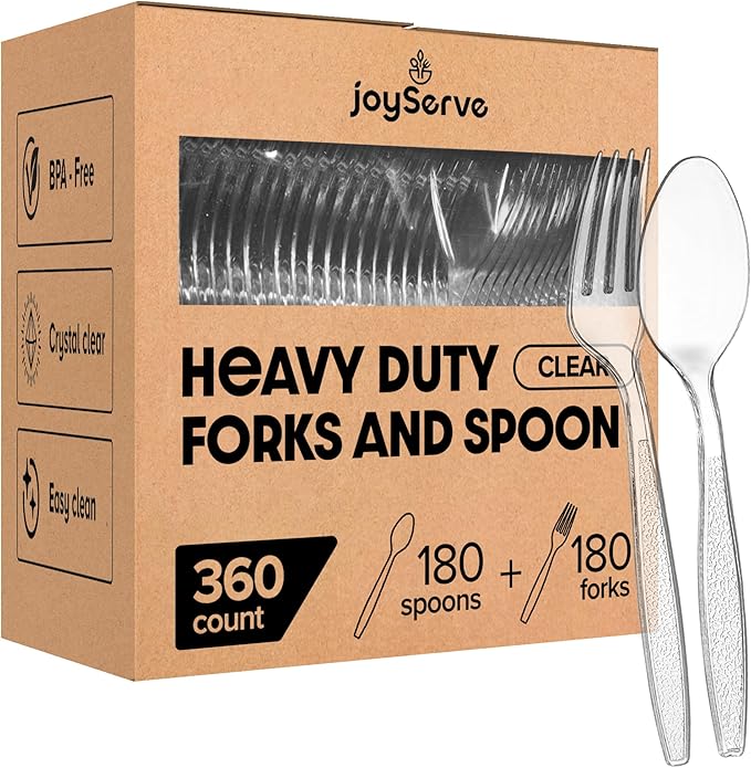 Plastic Forks and Spoons Set - (Bulk Pack 360 Pcs) Clear Plastic Cutlery Utensils Heavy Duty, 180 Forks and 180 Spoons, Silverware Sets for Party Supplies, Dinners, Take-Out, Catering, Food Services